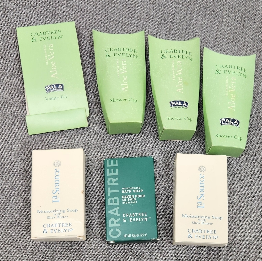 Crabtree and Evelyn La Source & Other Travel Soap and Shower Cap Lot.